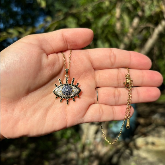 18K Gold Plated Stainless Steel Diamond Evil Eye Necklace - Picture 3 of 5